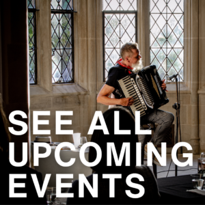 Man playing accordion with words "See all upcoming events"